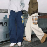 Threebooy American Plaid Multi-pocket Cargo Pants For Men Hip Hop Fashion Straight Wide-leg Trousers New Patchwork Work pantalones