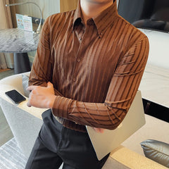 Threebooy Autumn Winter Men's Long Sleeved Shirt Pointed Collar Striped Casual Business Dress Shirt Men Slim Elastic Non Ironing Shirts
