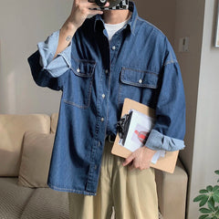 Threebooy Men's Long Sleeve Classic Hawaiian Cargo Shirts Pocket Loose Denim Shirts Fashion Trend Coats Blue Color Camisa Masculina