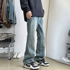 Threebooy New Men's Patchwork Bootcut Jeans Elastic Waist Vintage Classic Blue Black Denim Trousers Fashion High Street Korean Male Pants
