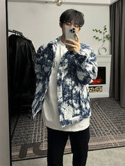 Threebooy Korean Retro Vintage Jacquard Short Shoulder Pad Denim Jacket Men's American Style High-end Design Street Jacket Aesthetic Chic