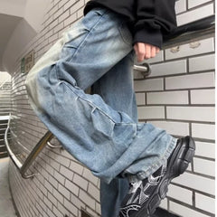 Threebooy Y2K Fashion Washed Blue Pleated Baggy Jeans Pants Men Designer Clothes Straight Wide Leg Denim Trousers
