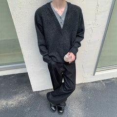 Threebooy Men's Color-blocking Patchwork V-neck Sweater Light Luxury Knitted Long Sleeve Pullover Autumn Korean Trendy Male Clothing M-2XL