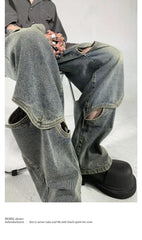 Threebooy Y2K Fashion Hollow Out Baggy Jeans Pants For Men Clothing Straight Wide Leg Old Denim Trousers Pantalon Homme