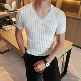 Threebooy Men's Summer Casual Knitting Ice Silk T-shirt/Male Slim Fit V-Neck Short Sleeve T-Shirt Slim Fit Tees Plus Size S-4XL