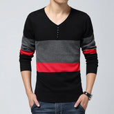 Threebooy New Men's Striped Knit Sweater Loose V-neck Color-blocking Sweater Base
