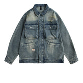 Vintage Ripped Hole Denim Jackets Mens Streetwear Punk Y2k Cargo Coats Harajuku Loose Casual Multiple Pockets Jeans Jackets Male