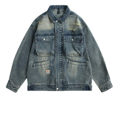 Vintage Ripped Hole Denim Jackets Mens Streetwear Punk Y2k Cargo Coats Harajuku Loose Casual Multiple Pockets Jeans Jackets Male