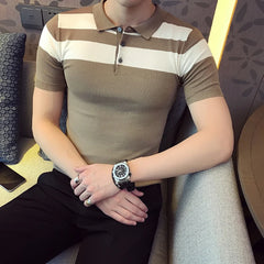 Threebooy Social Knitting Slim Polo British Style Stripes POLO Shirt Men Summer Short Sleeve Men's POLO Slim Fit Casual Polo Homme