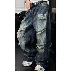 Threebooy Mens Loose Fit Straight Leg Jeans Dark Blue Ripped Distressed Trendy Streetwear Fashion Casual Urban Denim Pants Hip Hop Style