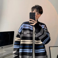 Threebooy Autumn Clothing Men's Light Luxury Knitted Cardigan Sweatercoat Korean Vintage Zipper Striped Long Sleeve Knitwear New