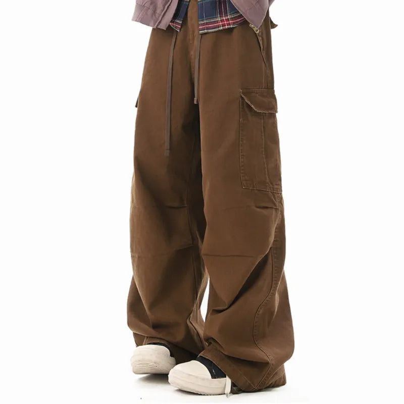 Threebooy Multi-pockets Cargo Pants Men Women Hip-hop Wide-leg Mopping Trousers Vintage Loose Casual Spring Couple Unisex Drawstring Pants