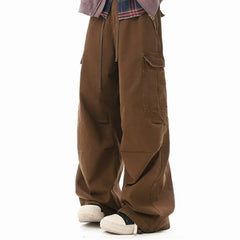 Threebooy Multi-pockets Cargo Pants Men Women Hip-hop Wide-leg Mopping Trousers Vintage Loose Casual Spring Couple Unisex Drawstring Pants