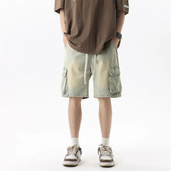 Threebooy Summer Men's Workwear Denim Shorts Retro Fashion Elastic Waist Loose Straight Leg Large Pocket Shorts Brand Men's Clothing