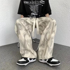 Threebooy Corduroy Wide Pants Men Fashion Letters Baggy Straight Trousers Oversized Casual Bottoms Ins Vintage Male Y2K Clothes Streetwear