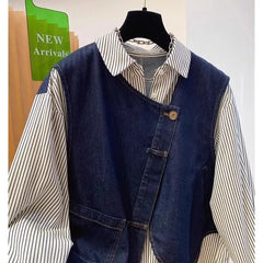 Threebooy American High Street Denim Spliced striped Shirt Long Sleeve Korean Version 2025 Fashion Trend Fake Two-piece Top Aesthetic