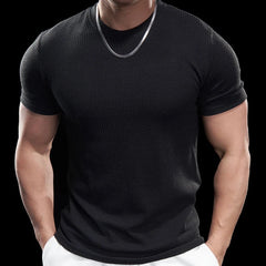 Threebooy Fitness Short-sleeved Muscular Men's Muscle Texture Round Neck Slim Elastic Quick-drying Training Fitness Running Sports T-shirt