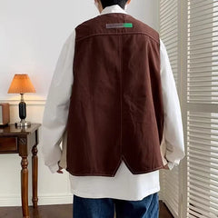 Threebooy Japanese Trendy Couple Loose Jacket Retro Interface Bag Work Vest Sleeveless V-neck Vest Handsome Cardigan Aesthetic Urban Chic