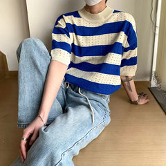 Threebooy Men's Clothing Korean Luxury Knit Texture Striped T Shirt Leisure Streetwear O Neck Short-Sleeved Fashion Popular Knitwear M-2XL