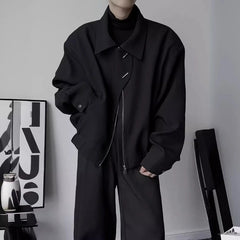 Threebooy Short wide shoulder flying jacket men spring autumn simple lapel long sleeved fashionable top jacket