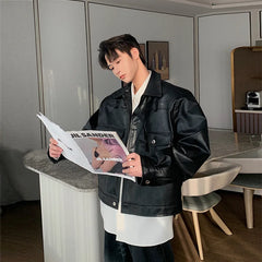 Threebooy Spring Autumn Leather Jacket Men's Short Style Trendy Handsome High Street Jacket Men's Shoulder Pad Design Motorcycle Top