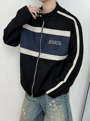Threebooy Retro Contrast Jacket Motorcycle Suit Suede Stand Collar Jacket Men's High-end Outdoor Niche Bomber Jacket Baseball Uniform Suit