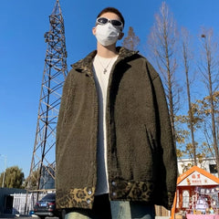 Threebooy Leopard Padded Jacket Men Winter Trendy Double-sided Imitation Sherpa Coat American Animal Print Warm Parkas Hip Hop