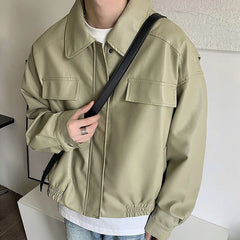 Threebooy Men's Casual Texture PU Leather Jacket High Street Zippers Turn-down Collar Long Sleeve Retro Coat with Pocket Autumn