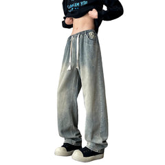 Threebooy Men's Jeans Elastic waist pull rope Korean Fashion Spring Straight Denim Pants Washed Cotton Retro Wide Leg Jean Trousers