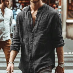 Threebooy Spring Autumn New Men's Solid Casual Standing Collar Long Sleeved Linen Cardigan Shirts For Men