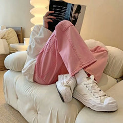 Threebooy Summer Pink Jeans Men Fashion Retro Pocket Cargo Jeans Men Streetwear Hip Hop Loose Straight Denim Pants Mens Trousers S-3XL