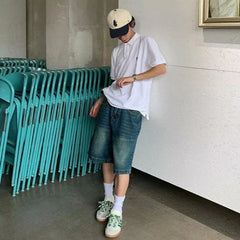 Threebooy Summer Men's Loose Distressed Denim Shorts Wide Leg Straight Five Point Mid Knee Length Jeans Shorts