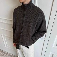 Threebooy New Japanese Retro Men Cardigan Jacket Winter Light Luxury Trendy Turtleneck Knit Zip-up Long Sleeve Sweater Coat Premium Outfit