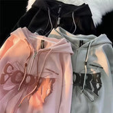 Threebooy Spring Autumn Women's Sweet Cool Bow Hooded Sweatshirt Zipper Couple Loose Fashion Cardigan Coat