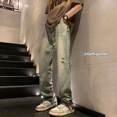 Threebooy Straight Leg Plus Size Jeans men Vintage Wash Distressed Ripped Star Print Fashion Casual High Quality Trousers Men Retro Style