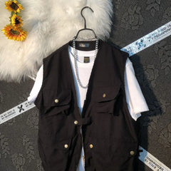 Threebooy Summer New Men's Cargo Sleeveless Solid Color Vest Multi-Pocket American Retro Fashion Casual Trend Street Loose Men's Tops