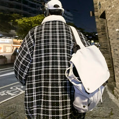 Threebooy Winter Plaid Cotton-padded Jacket Coat Pocket Decor Turn-down Collar Fleece-lined Thick Warm Zip-up Loose Jacket For Men