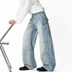 Threebooy New Deconstructed Texture Straight-Leg Jeans For Men American Casual Vintage Blue Denim Pants Y2K Streetwear Baggy Jean