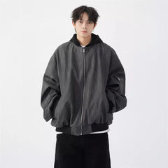 Threebooy American retro baseball jacket men's autumn winter loose casual short hooded PU leather texture jacket jacket