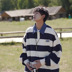 Threebooy Japanese Striped Lapel Sweatshirt For Men Casual Loose Fit Vintage Fashion Long Sleeve Polo Shirt Top Spring Autumn Trendy