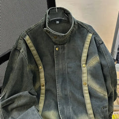 Threebooy American Retro Niche Button Jeans Coat Design Zipper Loose Washed Denim Jacket Men's Autumn High Street Jacket Top Spring Autumn