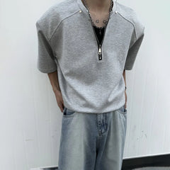 Threebooy Mens T-Shirt Half Zip Casual T-Shirt Fashion American Streetwear Solid Color Simple Leisure Short Sleeve Top Men'S Clothing