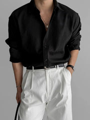 Threebooy Lapel Pit Stripe Texture Long Sleeve Shirt Men's Casual Business Shirt High-end Drapery Light Versatile Top Male Blouse
