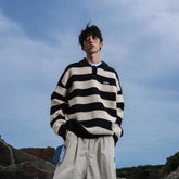 Threebooy American autumn and winter high street men and women trendy personalized striped lapel shirts for couples loose retro casual top