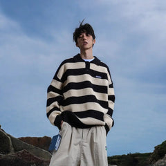 Threebooy American autumn and winter high street men and women trendy personalized striped lapel shirts for couples loose retro casual top