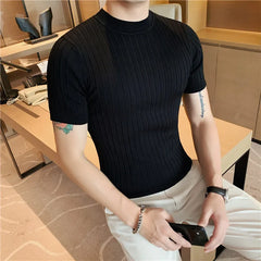 Threebooy Men's Summer High-quality Casual Short Sleeves Knitted T-shirt/Male Slim Fit High Collar Thin Stripe Knitting Tees S-4XL