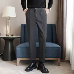 Threebooy Autumn Winter Woolen Casual Pants Straight Trousers Men's Slim-fitting Nine-point Suit Pants Mid-high Waist Suit Pants