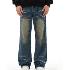 Threebooy Retro washed deep blue jeans with men's high street splicing and slightly flared wide leg pants
