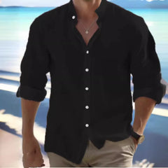 Threebooy Men's Linen Button-up Shirt Summer Beach Shirt Long Sleeve Plain Stand Collar Casual Everyday Clothing