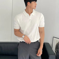 Threebooy Summer Clothing Men's Light Luxury Knitted Jacquard Polo Shirt V-Neck Solid Color Short-sleeved Korean Popular Leisure Knitwear